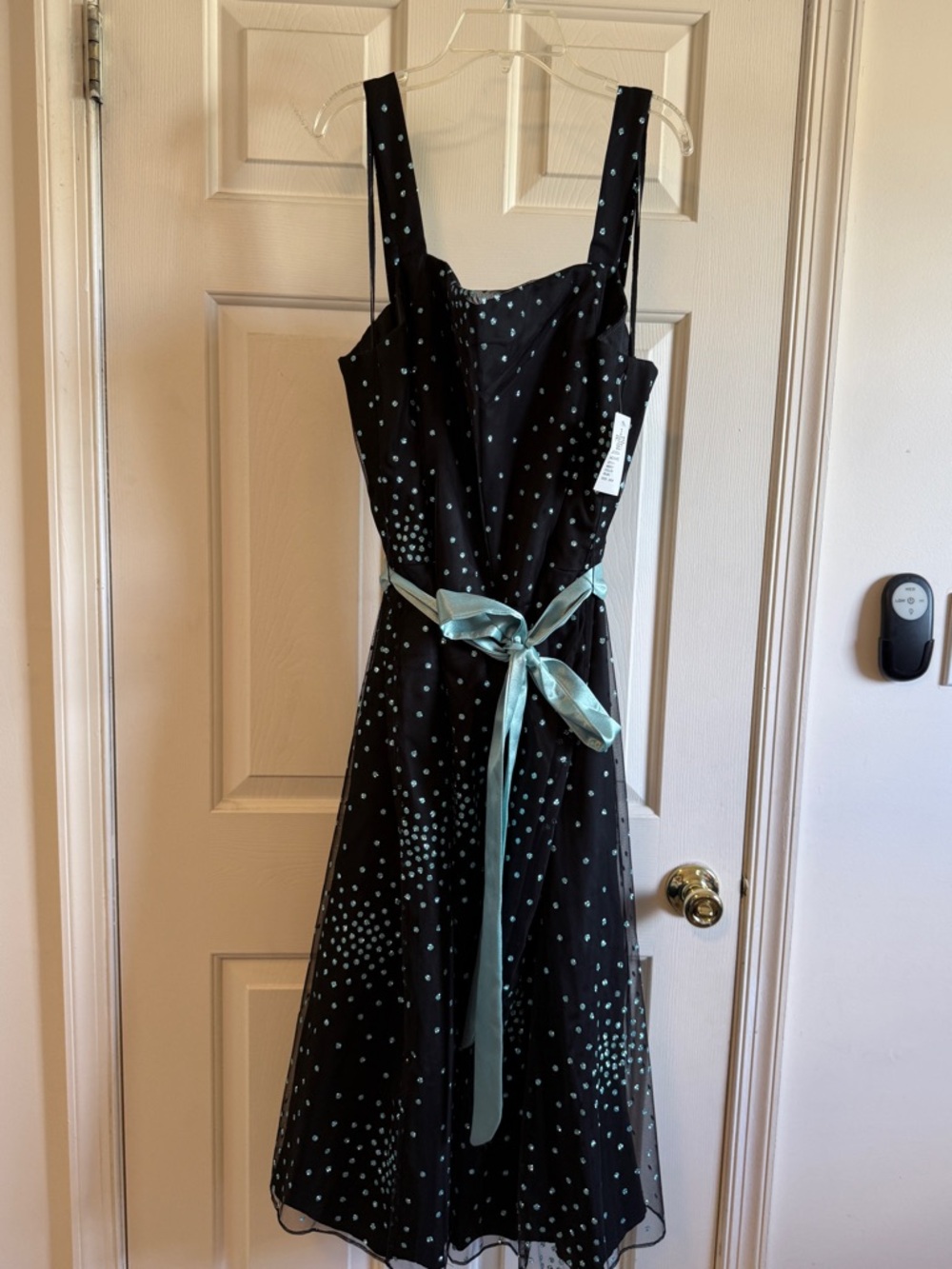 Jessica Howard Black Midi Dress with Mint Dot Print and Mint Satin Waist Tie